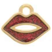 Ciondolo bocca 11x13 mm in resina epossidica - Dorato con oro fino - Glitter rosso x1