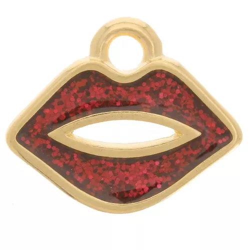 Ciondolo bocca 11x13 mm in resina epossidica - Dorato con oro fino - Glitter rosso x1