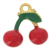 Ciondolo ciliegia 11,5x12 mm - Resina- Acciaio inox 316L dorato Rosso x1
