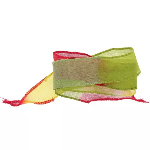 Nastro di seta da 25 mm - Tie and dye - Verde chiaro - Giallo - Rosso x85cm