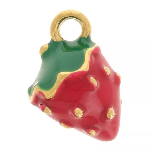 Ciondolo fragola 11x8 mm in resina - Acciaio inossidabile 316L - Oro - Rosso x1