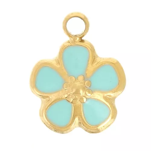 Ciondolo a fiore 6,5 mm - Resina - Acciaio inossidabile 304L Dorato - Turchese x1