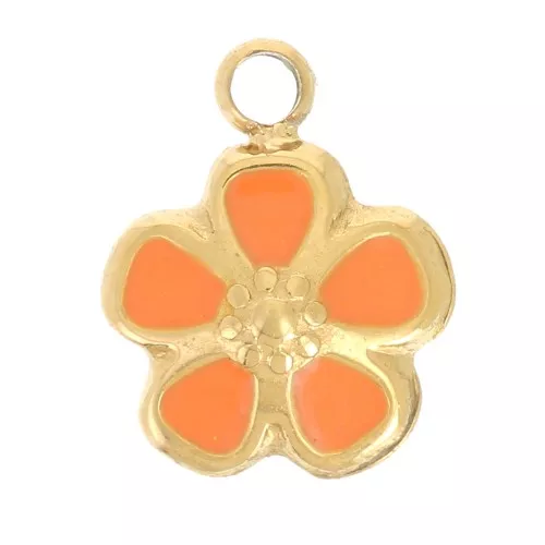 Ciondolo a fiore 6,5 mm - Resina - Acciaio inox 304L Dorato- Corallo x1
