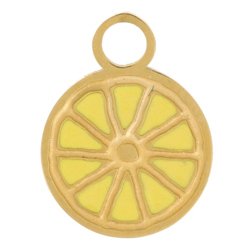 Ciondolo a fetta di limone 10 mm Resina Acciaio inox316L dorato Giallo x1