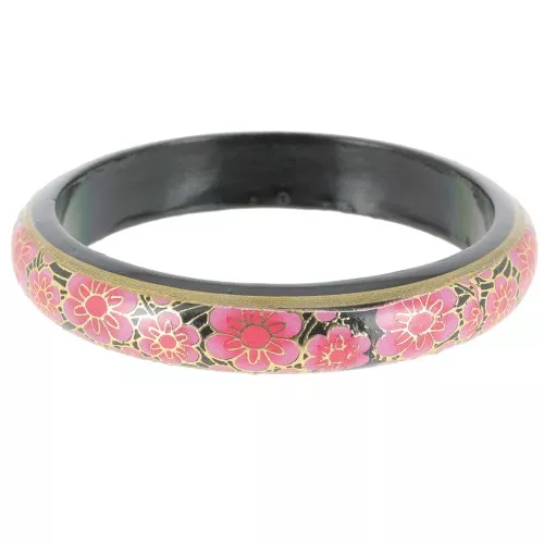 Bracciale in legno con motivo floreale - 66 mm - Nero - Rosa - Oro x1