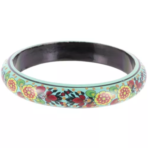Bracciale in legno con motivo floreale - 66 mm - Turchese - Giallo - Nero x1