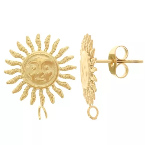 Orecchini a perno con volto solare - 14 mm - Acciaio inossidabile 304L dorato x2