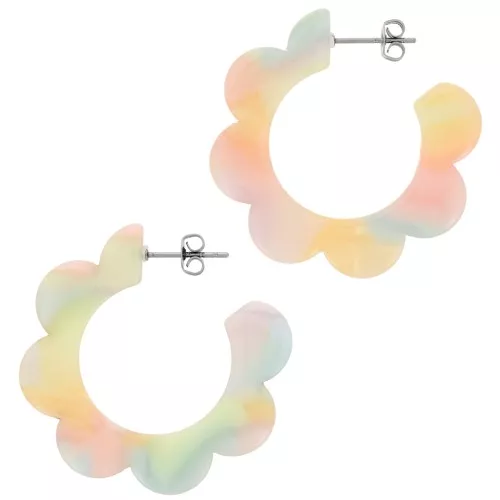 Orecchini a cerchio piatto con fiore in acetato da 35 mm - Multicolore pastello marmorizzato x2