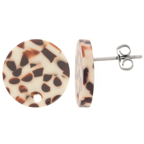 Orecchini tondi in acetato da 15 mm - Marrone screziato - Crema x2