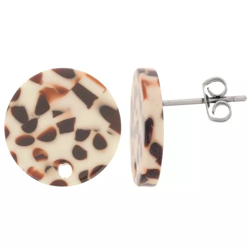 Orecchini tondi in acetato da 15 mm - Marrone screziato - Crema x2