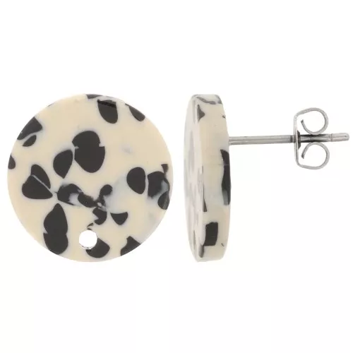 Orecchini tondi in acetato da 15 mm - Nero screziato - Beige x2