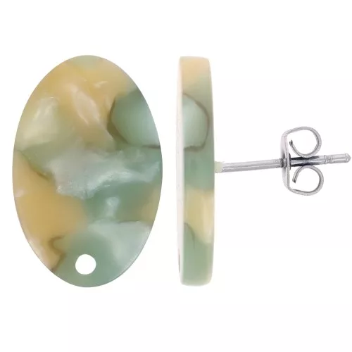 Orecchini ovali in acetato - 18x12 mm - Perla verde arancione marmorizzata x2