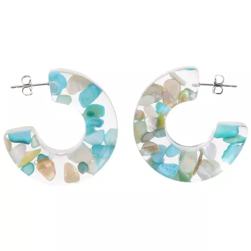 Orecchini a cerchio largo 37mm Resina trasparente con conchiglie Turchese x2