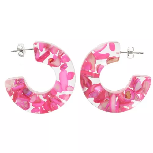 Orecchini a cerchio largo 37 mm Resina trasparente con inclusione di conchiglia Fucsia x2