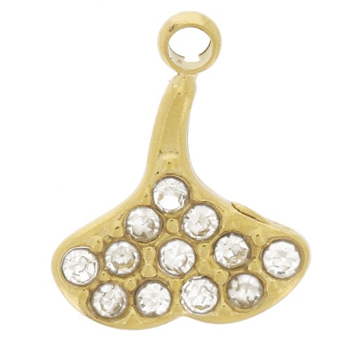 Ciondolo Ginkgo 10x8 mm con ossidi di zirconio - Acciaio inox 304L -dorato x1
