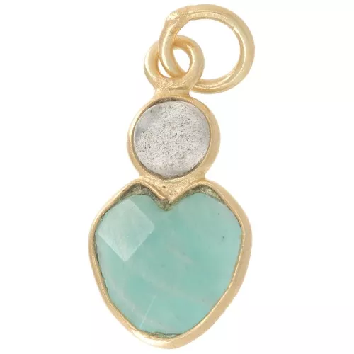 Pendente cuore in amazzonite 9x9 mm e cabochon in labradorite 4 mm - Oro fino x1