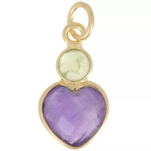 Pendente a cuore in ametista 9x9 mm con cabochon di peridoto 4 mm - Oro fino x1