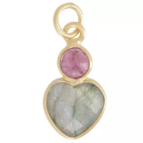 Pendente cuore in labradorite 9x9 mm e tormalina cabochon 4 mm - Oro fino x1
