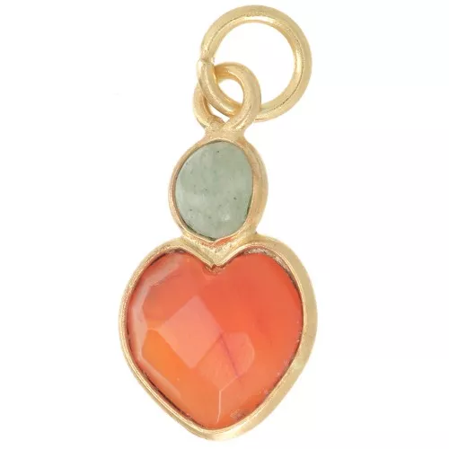 Pendente cuore in corniola 9x9 mm e cabochon in avventurina 4 mm - Oro fino x1