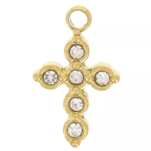 Ciondolo croce con ossidi di zirconio 11x6 mm - Acciaio inossidabile 304L oro x1