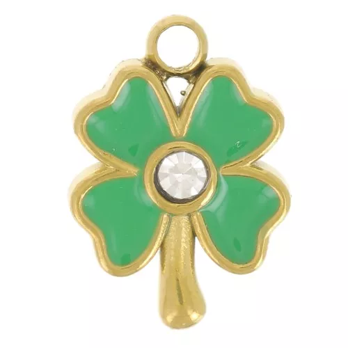 Ciondolo a forma di trifoglio 10x7 mm - Resina- Acciaio inox304L dorato Verde x1