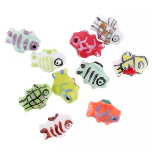 Assortimento perle di pesce in ceramica assortite 12x15 mm - Multicolore x10