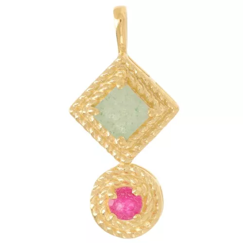 Pendente etnico 21x10 mm - Dorato in oro fino - Amazzonite - Calcedonio rosa x1