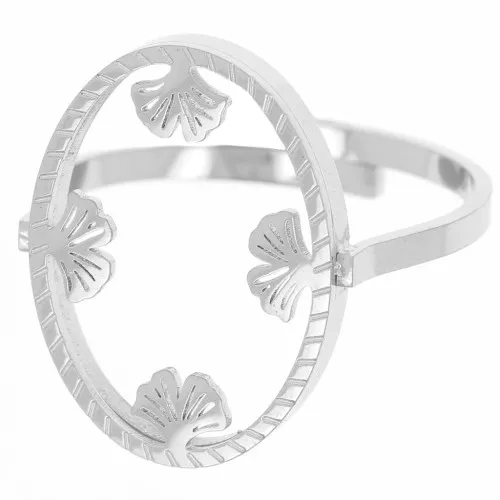 Anello ovale regolabile - motivo ginkgo - cabochon piatto 18x13 mm Acciaio inossidabile 316L x1