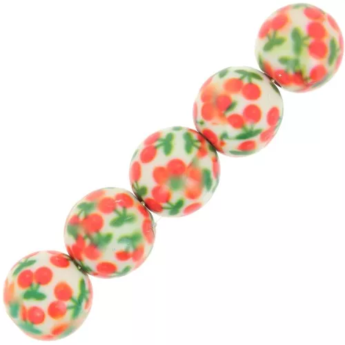 Perline rotonde in resina da 10 mm con motivo a ciliegia - Bianco - Arancione - Verde x10