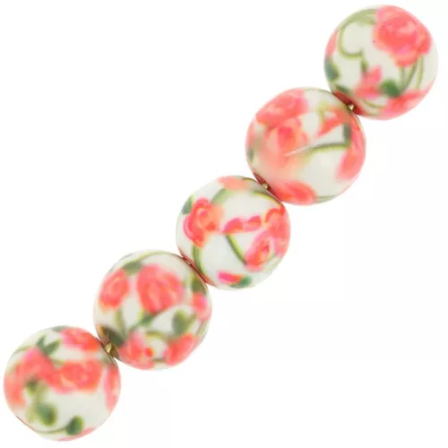 Perline rotonde in resina 10 mm con motivo rosa - bianco - corallo - verde x10