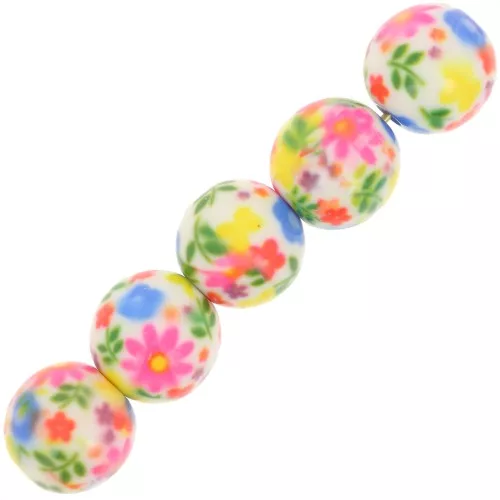 Perline rotonde in resina 10 mm con disegno floreale - Bianco - Multicolore x10
