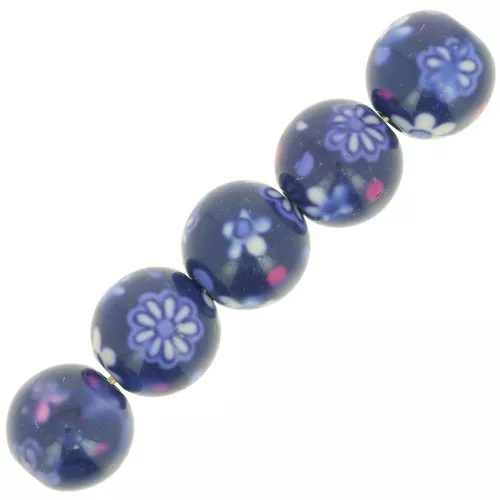 Perline rotonde in resina 10 mm con disegno floreale - Blu scuro - Bianco x10