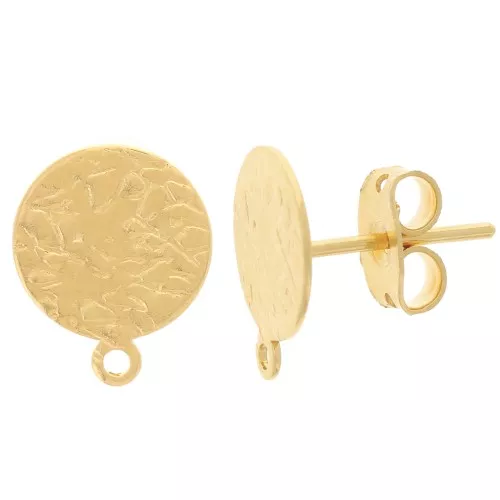 Orecchini perno a disco martellati - 10 mm - Dorati con oro fino x2