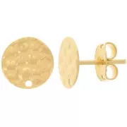 Orecchini perno a disco martellato con foro - 10 mm - Dorati con oro fino x2