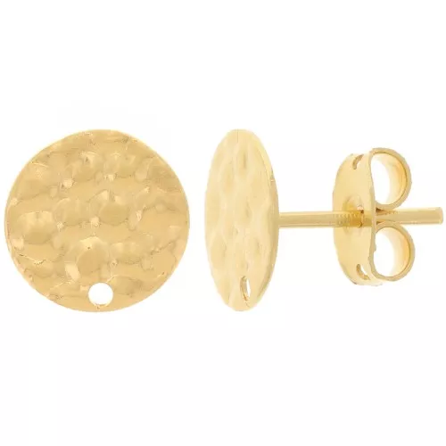 Orecchini perno a disco martellato con foro - 10 mm - Dorati con oro fino x2