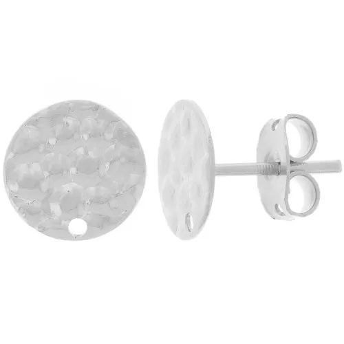 Orecchini perno a disco martellato con foro - 10 mm - Placcatura argento fine x2