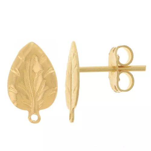 Orecchini perno a foglia 13x8 mm con anello chiuso - dorato oro fino x2