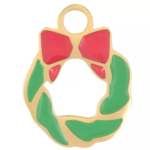 Ciondolo corona di Natale 11 mm in resina- acciaio inox 316L dorato- verde x1