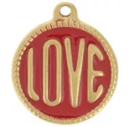 Ciondolo rotondo LOVE - 18 mm - Resina epossidica - Acciaio inossidabile 304L Gold - Rosso x1