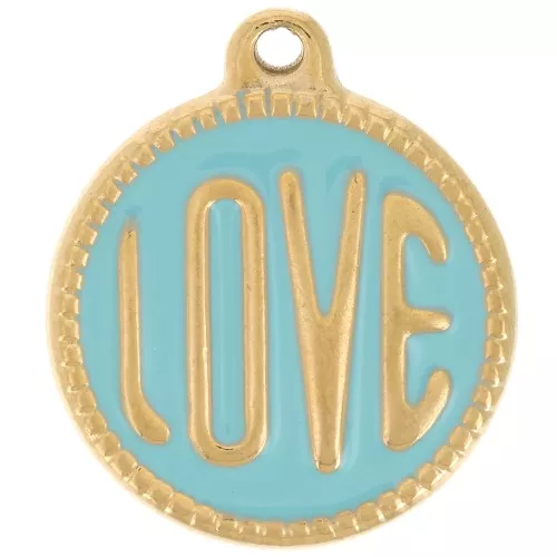 Ciondolo rotondo LOVE - 18 mm Resina epossidica 304L Acciaio inossidabile Oro - Turchese x1