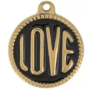 Ciondolo rotondo LOVE - 18 mm - Resina epossidica - Acciaio inossidabile 304L Gold - Nero x1