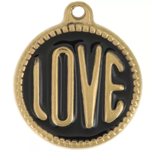 Ciondolo rotondo LOVE - 18 mm - Resina epossidica - Acciaio inossidabile 304L Gold - Nero x1