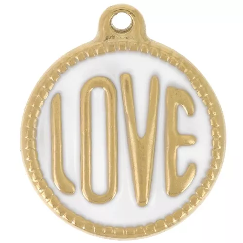 Ciondolo rotondo LOVE - 18 mm - Resina epossidica - Acciaio inossidabile 304L Gold - Bianco x1