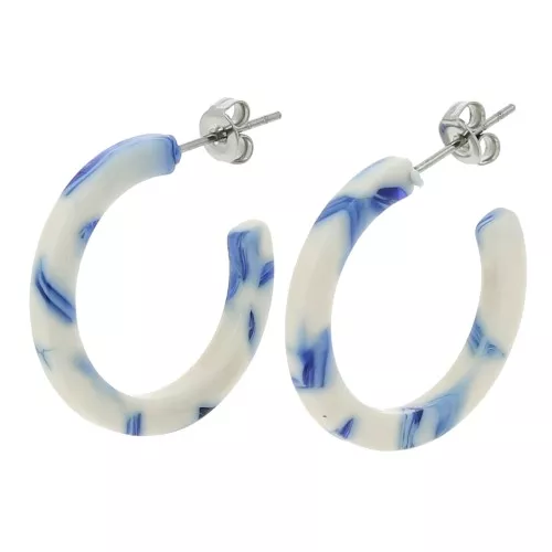 Orecchini a cerchio in acetato di cellulosa 25 mm - Blu marmorizzato - Bianco x2