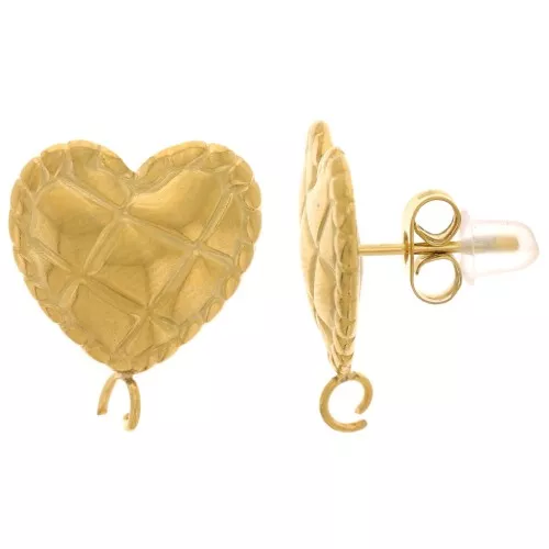 Orecchini perno cuore 17x14 mm - Effetto trapuntato - Acciaio inox304L dorato x2