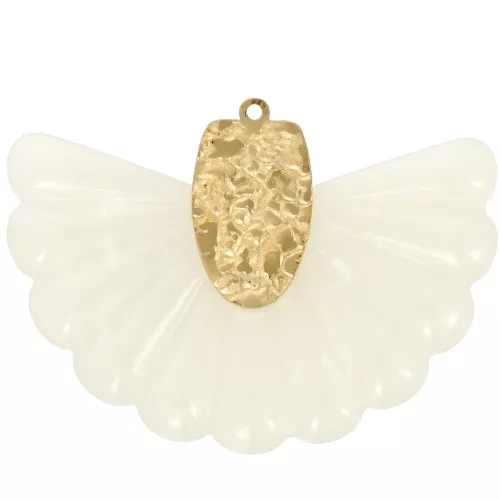 Pendente a ventaglio in resina e acciaio inossidabile 316L 28,5x40 mm - ecru marmorizzato x1