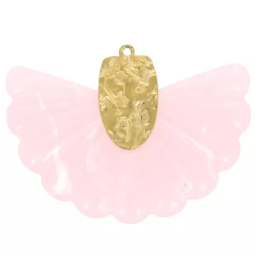 Pendente a ventaglio 28,5x40 mm in resina e acciaio inossidabile 316L - Rosa chiaro x1