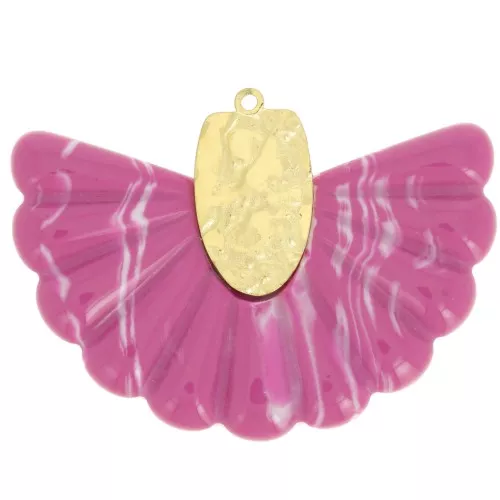 Pendente a ventaglio in resina e acciaio inossidabile 316L 28,5x40 mm Fuschia x1