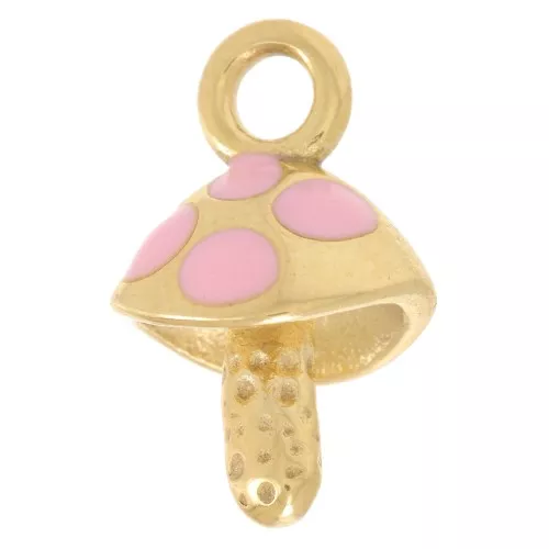 Ciondolo a fungo 15x9 mm - Resina epossidica - Acciaio inossidabile 304L - Dorato - Rosa