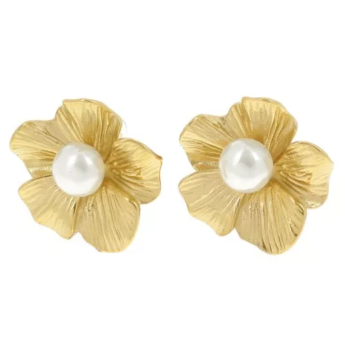 Orecchini fiore cabochon imitazione madreperla da 24mm Acciaio inox 304L dorato x2